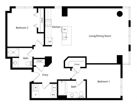 Floor plan for 2 beds, 2 baths, 1302 sqft